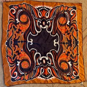 Vintage Bloomingdale’s Silk Scarf Made in Italy Orange Navy Baroque Print 25.5”